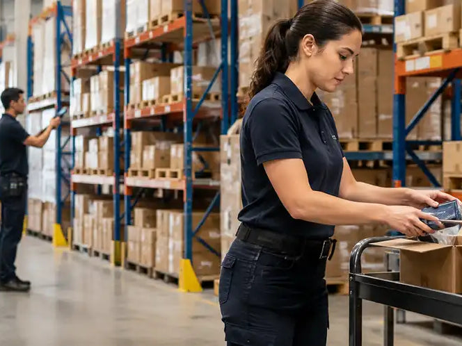 Warehouse employees using wearable Agoz accessories to keep Almex mobile computers accessible during picking, packing, and inventory tasks.