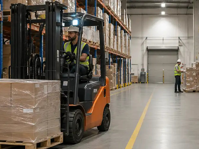 Forklift operator transporting palletized inventory through an organized warehouse aisle with clearly marked travel lanes.
