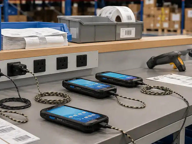 Multiple Almex mobile computers connected to Agoz charging cables and wall adapters at an organized warehouse charging station.