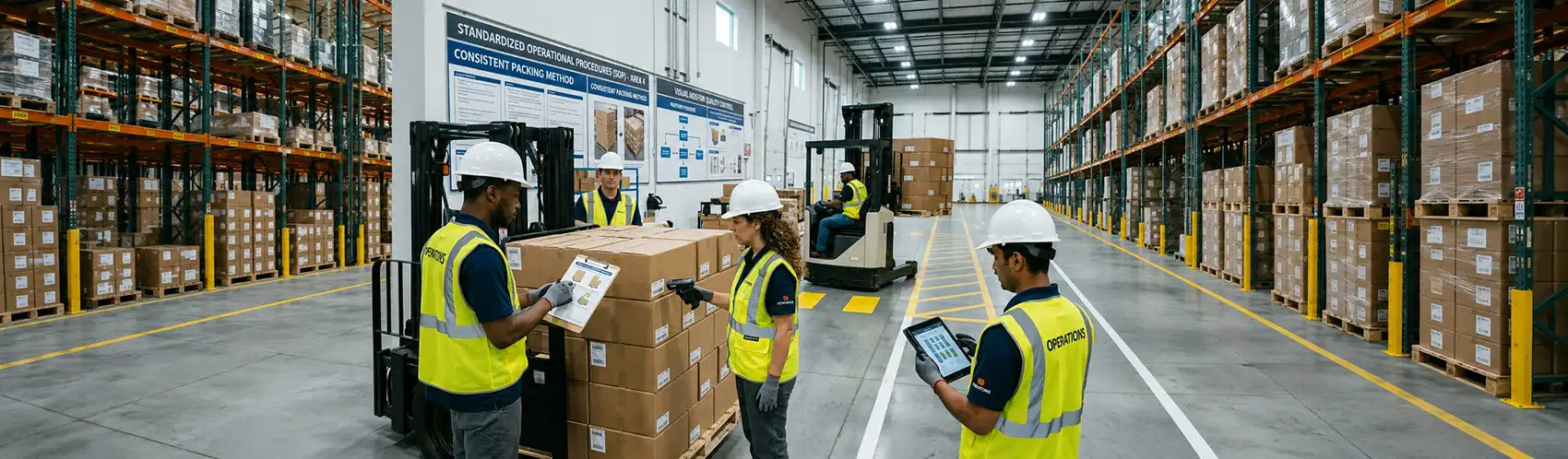 Warehouse team following standardized procedures while using mobile computers for scanning, inventory verification, and forklift operations.