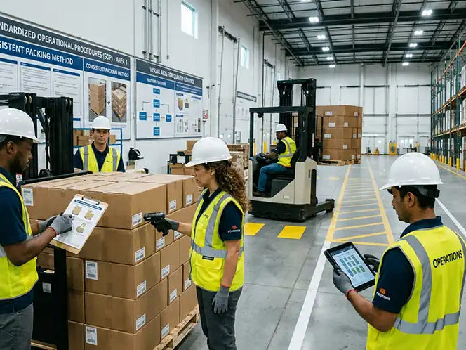 Warehouse team following standardized procedures while using mobile computers for scanning, inventory verification, and forklift operations.