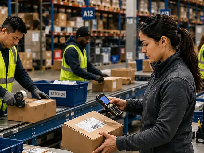 Warehouse order fulfillment team processing shipments at packing stations while a worker scans a package with a CipherLab mobile computer.
