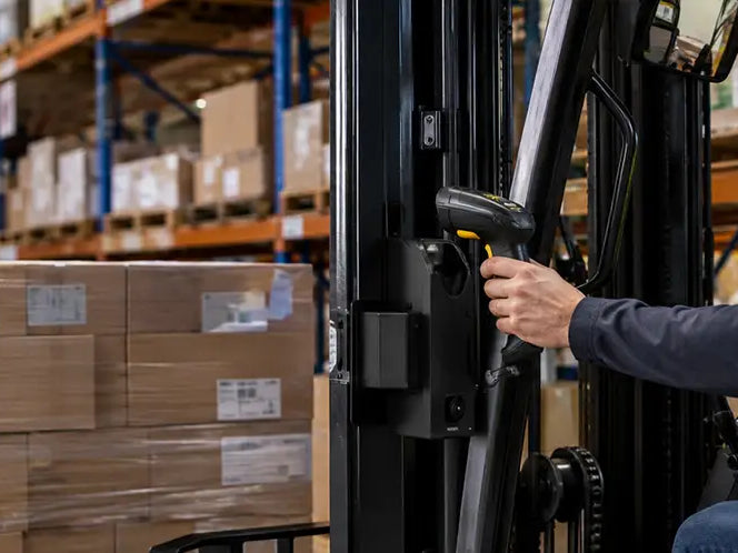 Forklift operator using a mounted Cognex barcode scanner beside palletized inventory in a warehouse receiving area.