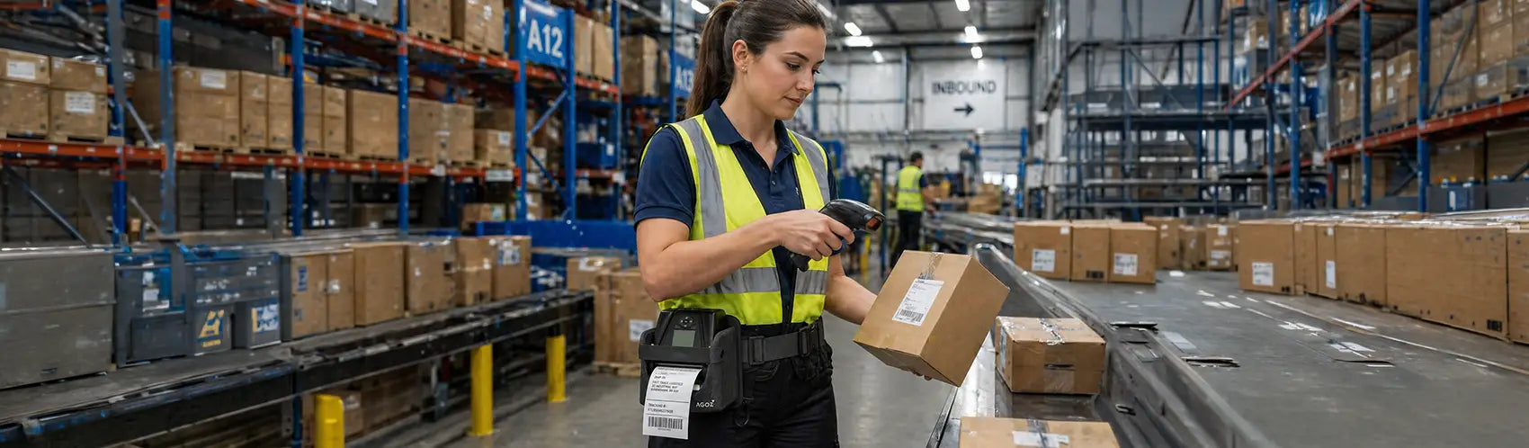 Logistics worker wearing an Agoz mobile printer waist belt while scanning a package in a warehouse fulfillment center.