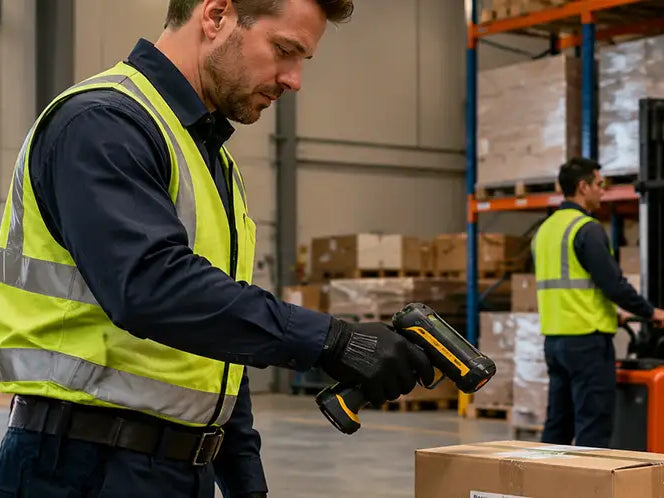Shipping employee wearing an Agoz holster for a Cognex scanner while preparing a carton at a packing station.