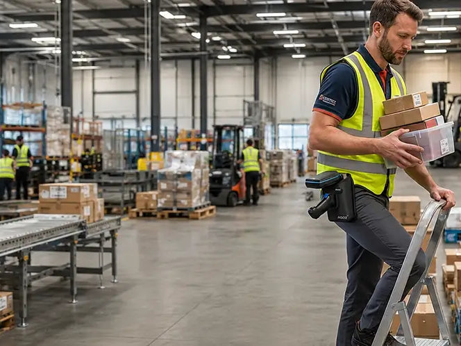 Warehouse worker carrying packages while using a ladder beside storage racks with an RFID reader secured in an AgozTech holster.