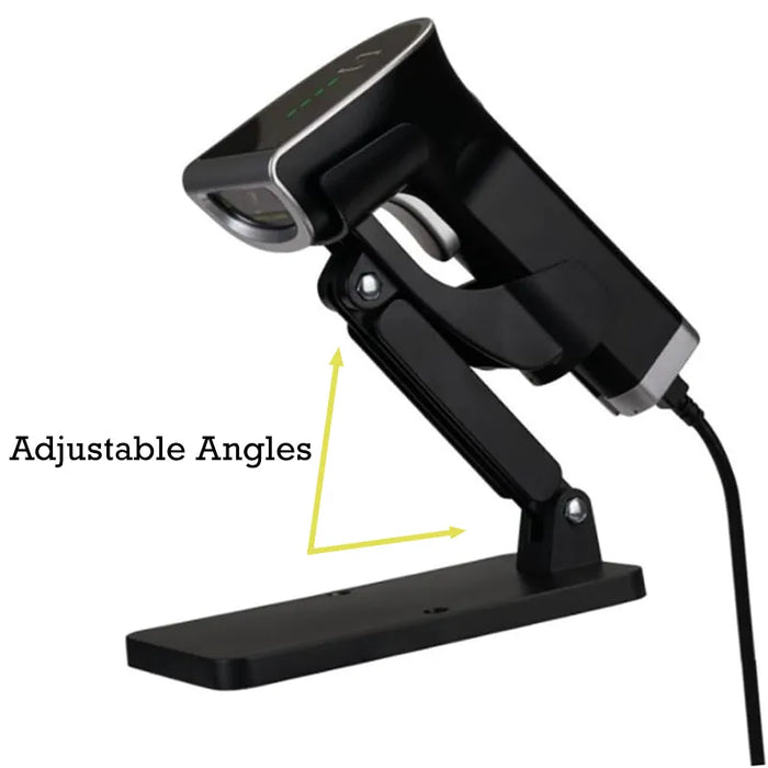 JLT barcode scanner positioned in an adjustable black scanner stand with angle adjustment shown.