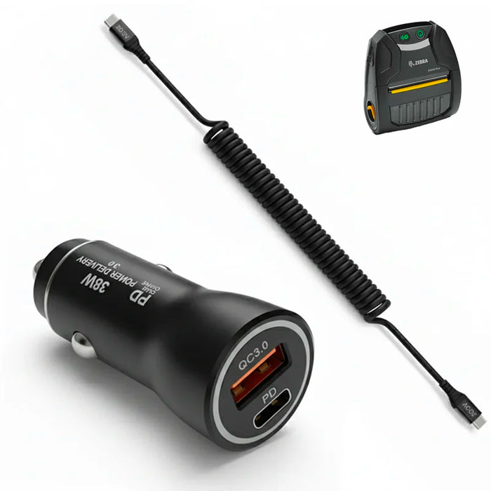 38W Fast Car Charger & USB-C Coiled Cable for Zebra Mobile Printers