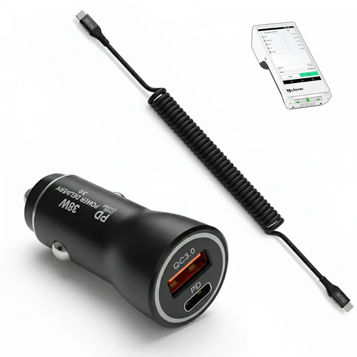 38W Fast Car Charger and USB-C Coiled Cable for Clover Flex 3 POS