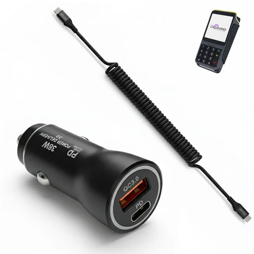 38W Fast Car Charger and USB-C Coiled Cable for Dejavoo P17 POS Terminal
