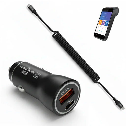 38W Fast Car Charger and USB-C Coiled Cable for Ingenico Axium DX8000