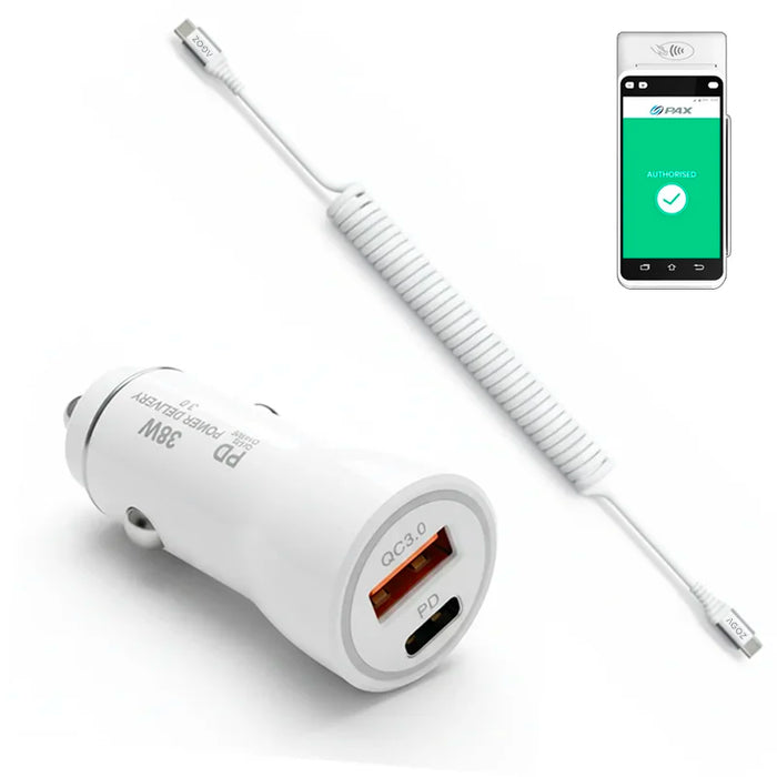 38W Fast Car Charger and USB-C Coiled Cable for PAX A920 Pro POS