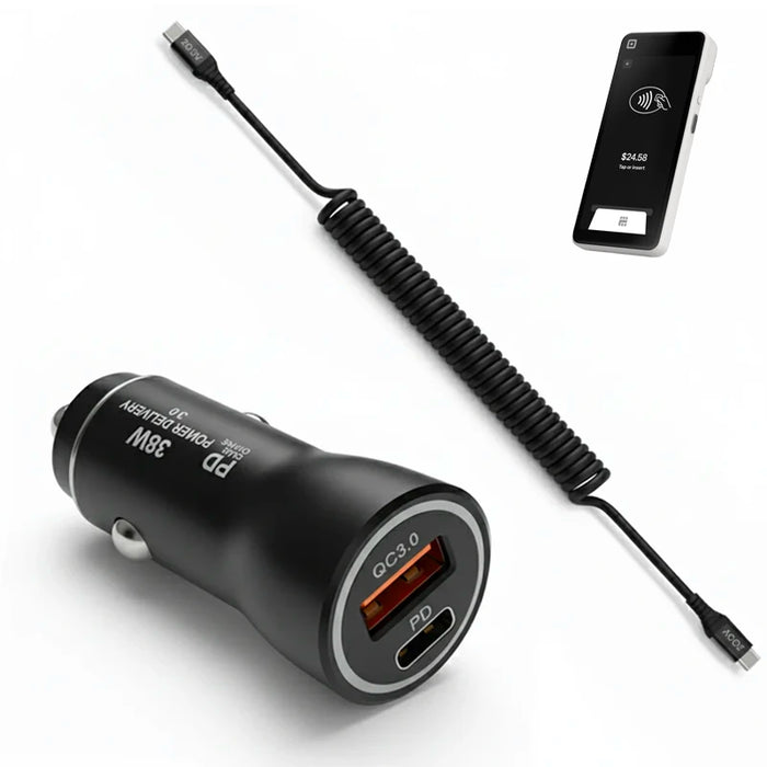 38W Fast Car Charger and USB-C Coiled Cable for Square Handheld POS