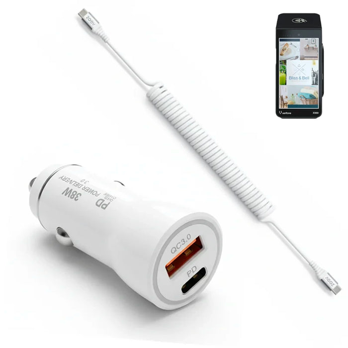 38W Fast Car Charger and USB-C Coiled Cable for Verifone Handheld POS