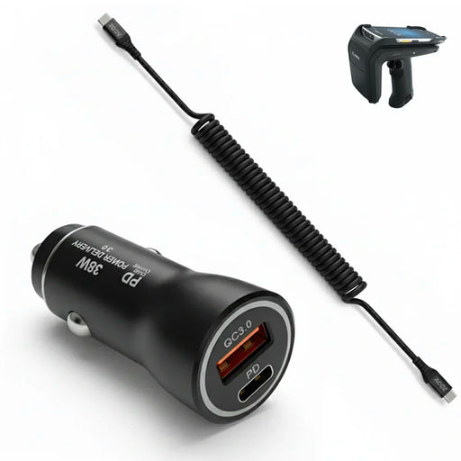 38W Fast Car Charger and USB-C Coiled Cable for Zebra EM45 RFID