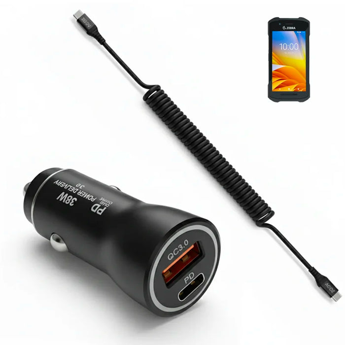 38W Fast Car Charger and USB-C Coiled Cable for Zebra TC73 Scanner