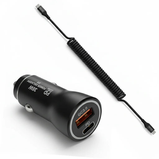38W Fast Car Charger and USB-C to USB-C Coiled Cable