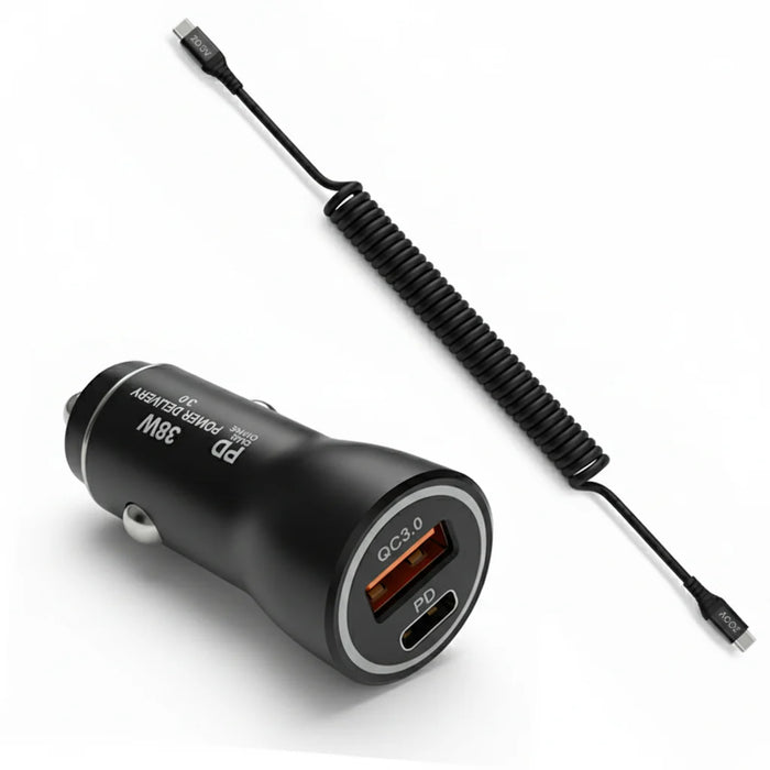 38W Fast Car Charger and USB-C to USB-C Coiled Cable