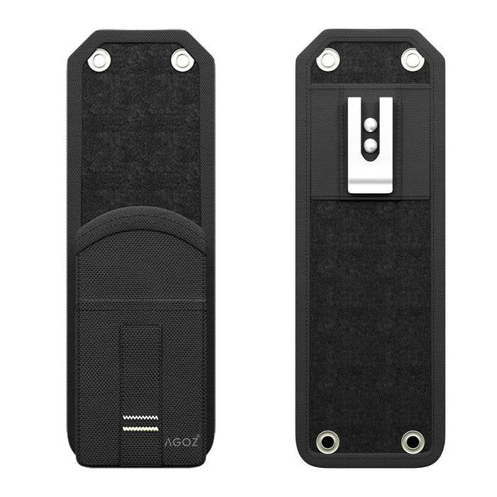 CipherLab RK95 pistol-grip holster front and back view showing canvas exterior, metal belt clip, and reinforced mounting grommets.
