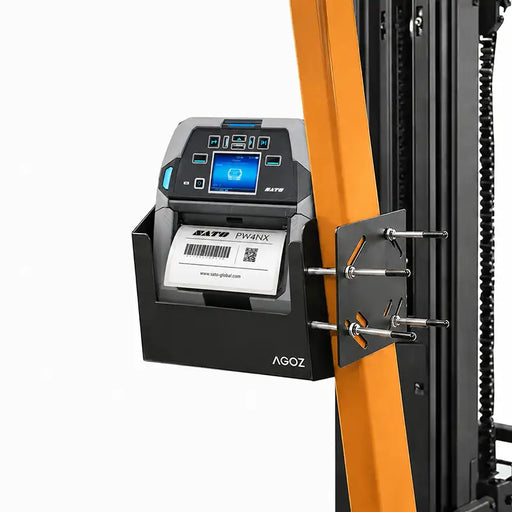 AgozTech metal forklift holder mount attached to an orange forklift upright with SATO mobile printer installed.