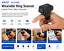 AGOZ AG-330RG wearable ring barcode scanner feature infographic showing Bluetooth 2.4G USB wired connection 4 mil resolution and 16MB storage