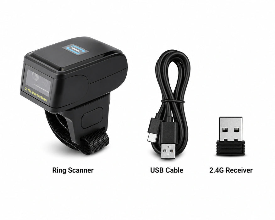 AGOZ AG-330RG wearable ring barcode scanner worn on finger with red scanning light effect for 1D and 2D barcode scanning