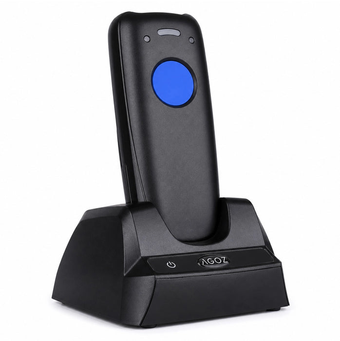 AGOZ AG-PK770 pocket barcode scanner with charging cradle on white background