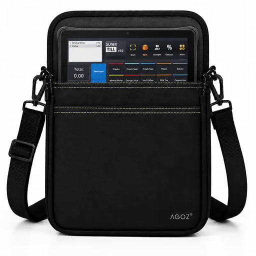 Agoz black Sunmi POS tablet case with adjustable crossbody shoulder sling, metal clips, reinforced stitching, and front storage pocket.
