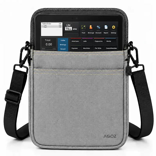 Agoz gray Sunmi POS tablet carrying case with black adjustable crossbody shoulder sling, reinforced stitching, and front accessory pocket.