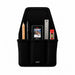 Front view of black Agoz utility tool pouch with multiple storage pockets holding a Leica DISTO X4 laser distance meter, pencil, pen, ruler, and mini level.