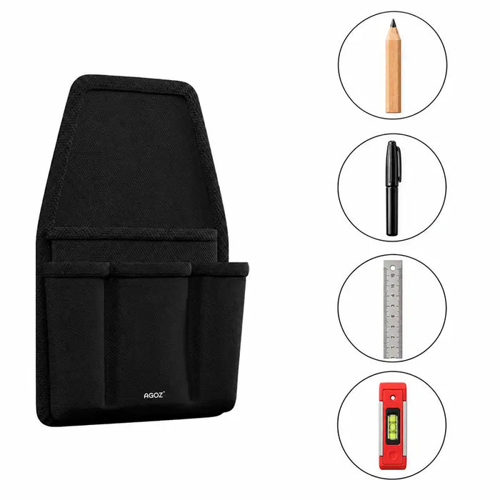 Black Agoz utility tool pouch with three storage pockets, displayed alongside a pencil, pen, metal ruler, and mini spirit level on a white background.