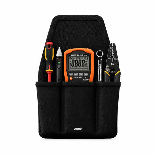 Black Agoz utility tool pouch with multiple pockets holding a Klein Tools digital multimeter, voltage tester, screwdriver, wrench, and wire stripper.