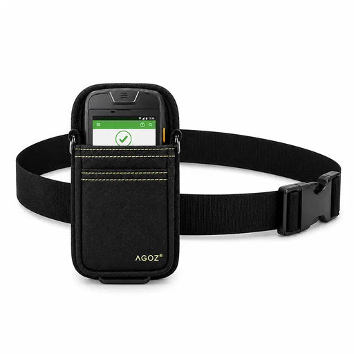 Agoz black Urovo POS terminal holster with yellow stitching, front storage pocket, and rugged adjustable waist belt with quick-release buckle.