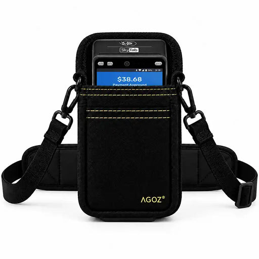 Black AGOZ Shift4 SkyTab POS terminal holster with adjustable crossbody shoulder sling, padded strap, and secure front pouch.