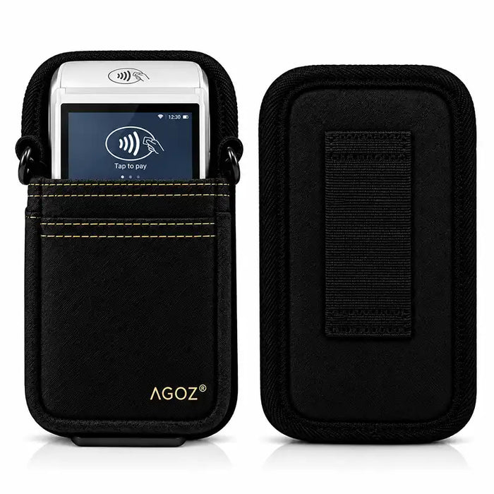 Front and back views of the Agoz Saturn 1000F2 POS holster showing yellow stitching, front storage pocket, and rear belt attachment loop.