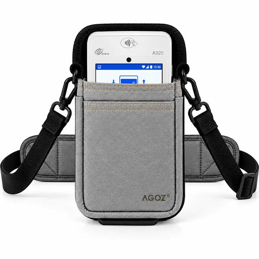 Gray Agoz PAX POS holster with adjustable crossbody shoulder sling, padded strap, and front accessory pocket.
