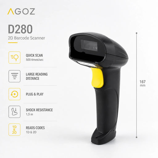 AGOZ D280 wireless 2D barcode scanner feature infographic showing quick scan large reading distance plug and play shock resistance and 1D 2D barcode support
