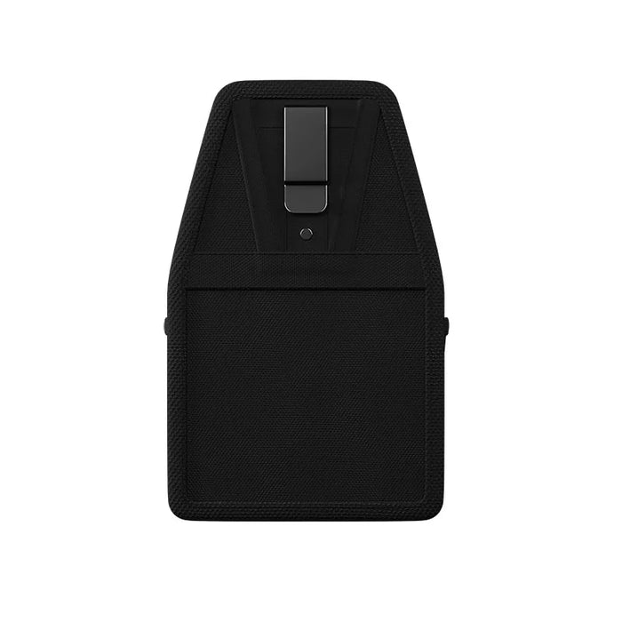 Front view of empty black Agoz utility tool pouch with multiple storage compartments and a horizontal belt positioned behind it.
