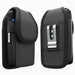 Front and back views of the Guardian RFID Spartan 3 case with belt clip, showing the rugged black pouch, flap cover, side strap, and metal rear clip.