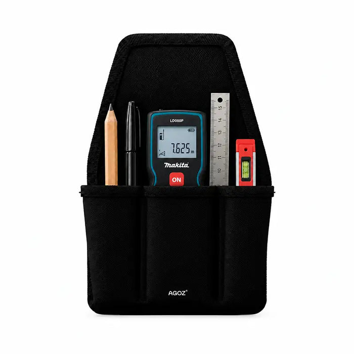 Front view of black Agoz utility tool pouch holding a Makita LD0 laser distance measure, pencil, pen, metal ruler, and mini level in separate storage pockets.