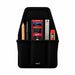 Front view of black Agoz utility tool pouch holding a Milwaukee laser distance meter, pencil, pen, metal ruler, and mini level in separate storage pockets.