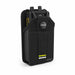 Angled view of the black Agoz Sonim communication terminal case with snap closure and rugged device secured inside.