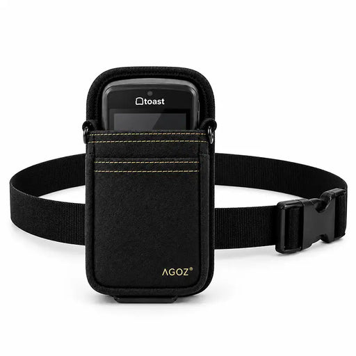 Agoz black Toast Go 2 POS terminal holster with adjustable nylon waist belt, quick-release buckle, and front storage pocket on a white background.