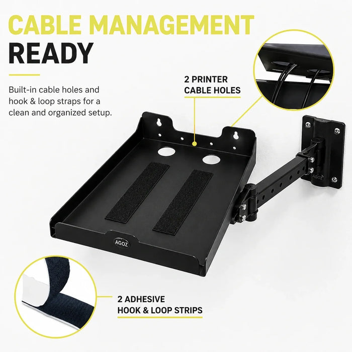 AgozTech Seiko printer wall mount shelf with cable holes and hook and loop straps for cable management