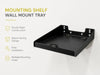 Black stainless steel Agoz wall-mount printer tray with compact construction and multiple installation holes.
