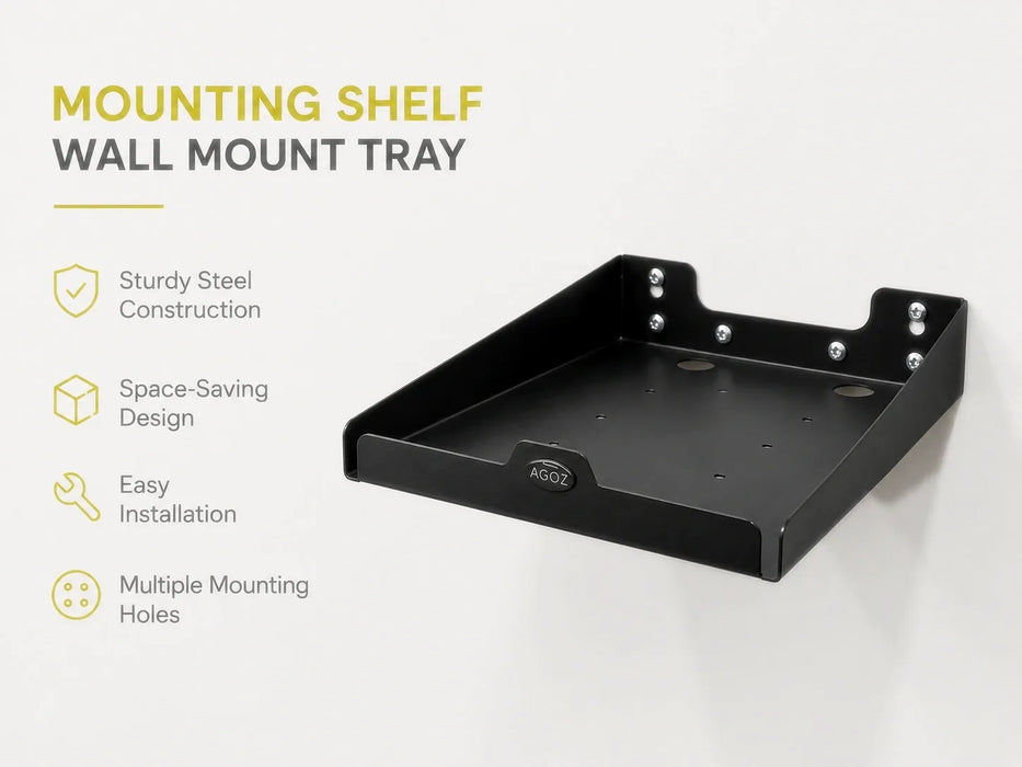 Black stainless steel Agoz wall-mount printer tray with compact construction and multiple installation holes.