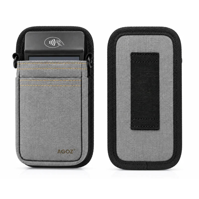 Two views of a gray and black fabric Adyen card holder phone case with a front card slot, shown on a white background.