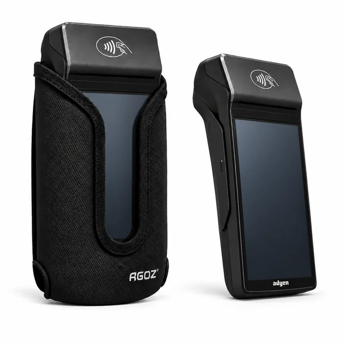 A black Adyen POS handheld electronic device shown in two views on a white background: one in a textured black sleeve with the AGOZ logo, and one outside the sleeve showing the screen and Aigen branding.
