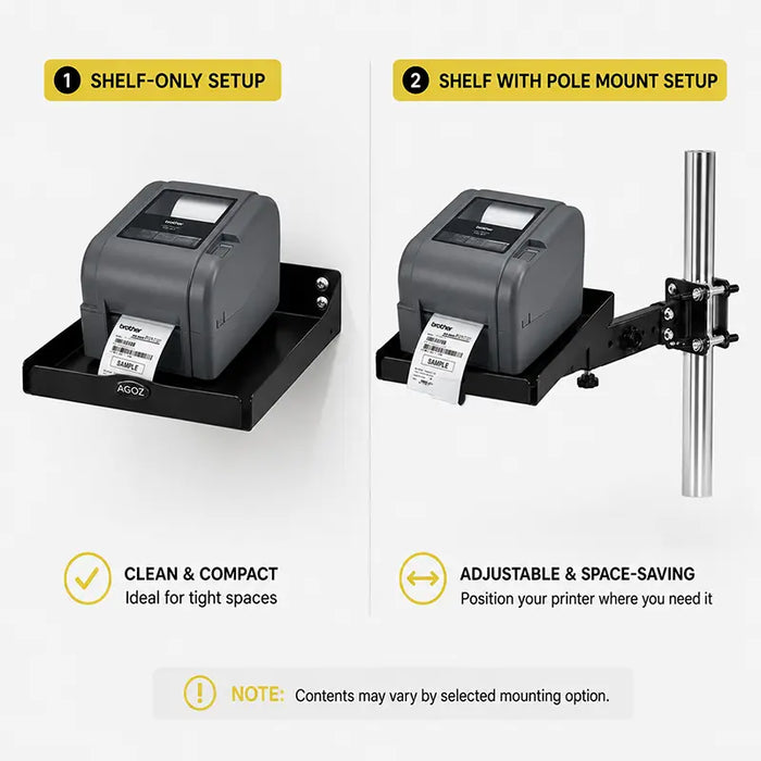 Comparison of the Agoz Brother printer shelf used alone or with an adjustable pole-mount swing arm.