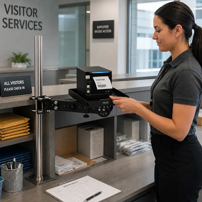 Visitor services employee printing a guest badge from a Seiko SII printer on an Agoz pole-mounted shelf.